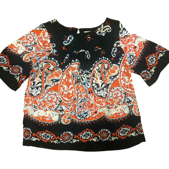 Ann Taylor LOFT Blouse Gauzy Black Peach Paisley 3/4 Sleeve Boxy Oversized Comfy - Picture 6 of 16